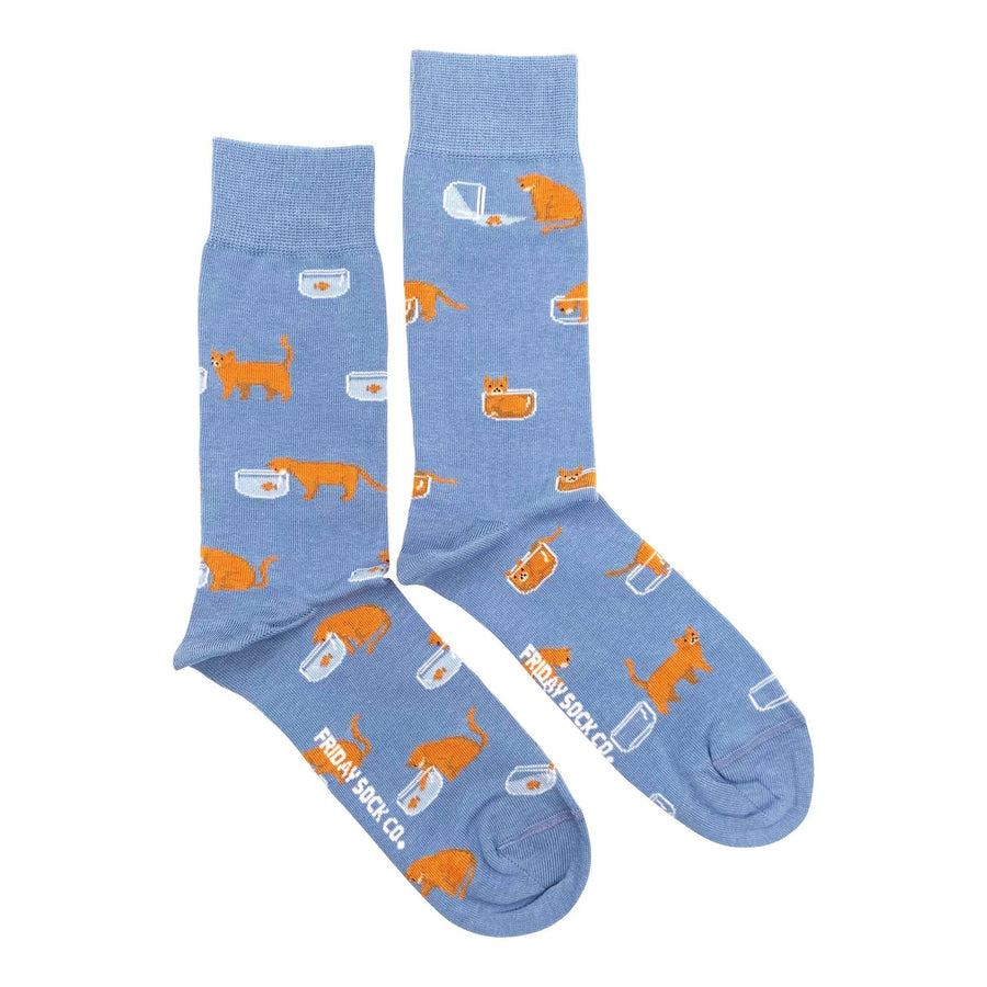 Cat Socks | Men's Size | Cat & Fish | Mismatched | Premium
